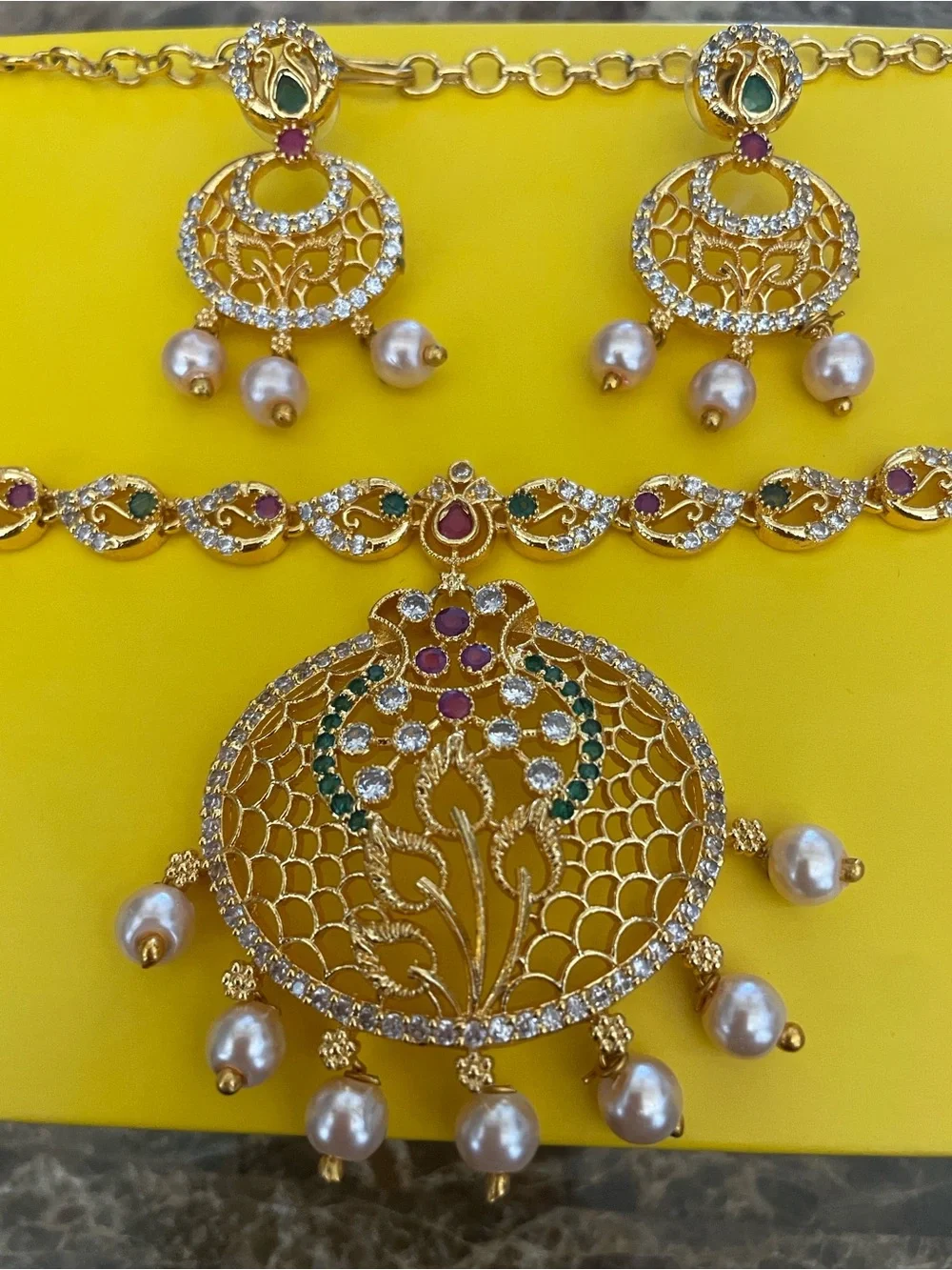 Gold-Tone Pearl & Multistone Pendant Necklace Set - Women Jewelry